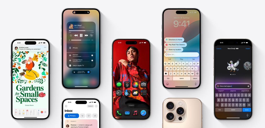 iPhone 16 screens displaying multiple iOS18 features