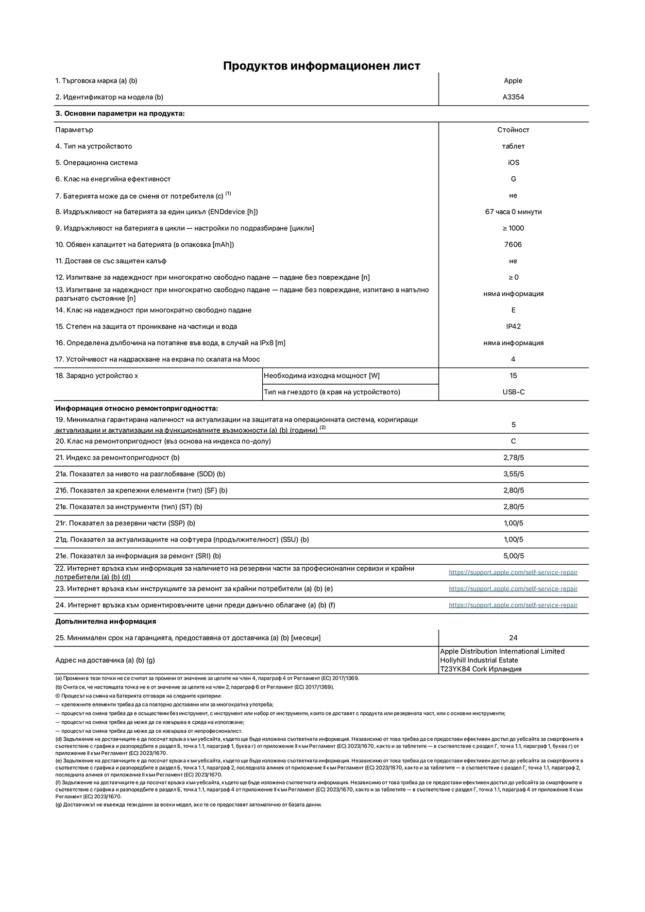 Продуктов информационен лист за iPad Wi-Fi, модел A3354. Доставено от Apple Distribution International Ltd, Hollyhill Industrial Estate. Cork, Ирландия T23 YK84. Тип устройство: таблет. Операционна система: iOS. Клас на енергийна ефективност: G. Батерията може да се сменя от потребителя: не. Издръжливост на батерията: 67 часа. Издръжливост на батерията в цикли: ≥ 1000. Обявен капацитет на батерията: 7606 mAh. Изпитване за надеждност при многократно свободно падане - падане без повреждане: ≥ 0. Клас на надеждност при многократно свободно падане: Е. Степен на защита от проникване на частици и вода: IP42. Устойчивост на надраскване на екрана по скалата на твърдост на Моос: 4. Необходима изходна мощност на зарядното устройство: 15 W. Тип на гнездото за зарядно устройство: USB-C. Минимална гарантирана наличност на актуализации за сигурност на операционната система, коригиращи актуализации и актуализации на функционалността: 5 години. Клас на ремонтопригодност: C. Индекс на ремонтопригодност: 2,78/5. Показател за нивото на разглобяване: 3,55/5. Показател за крепежните елементи: 2,80/5. Показател за инструменти: 2,80/5. Показател за резервни части: 1,00/5. Показател за актуализации на софтуера: 1,00/5. Показател за информация за ремонт: 5,00/5. Уебвръзка към информация за наличността на резервни части за професионални сервизи и крайни потребители: https://support.apple.com/self-service-repair. Уебвръзка към инструкции за ремонт за крайни потребители: https://support.apple.com/self-service-repair. Уебвръзка към ориентировъчни цени преди данъци: https://support.apple.com/self-service-repair. Предлага се 24-месечна обща гаранция.