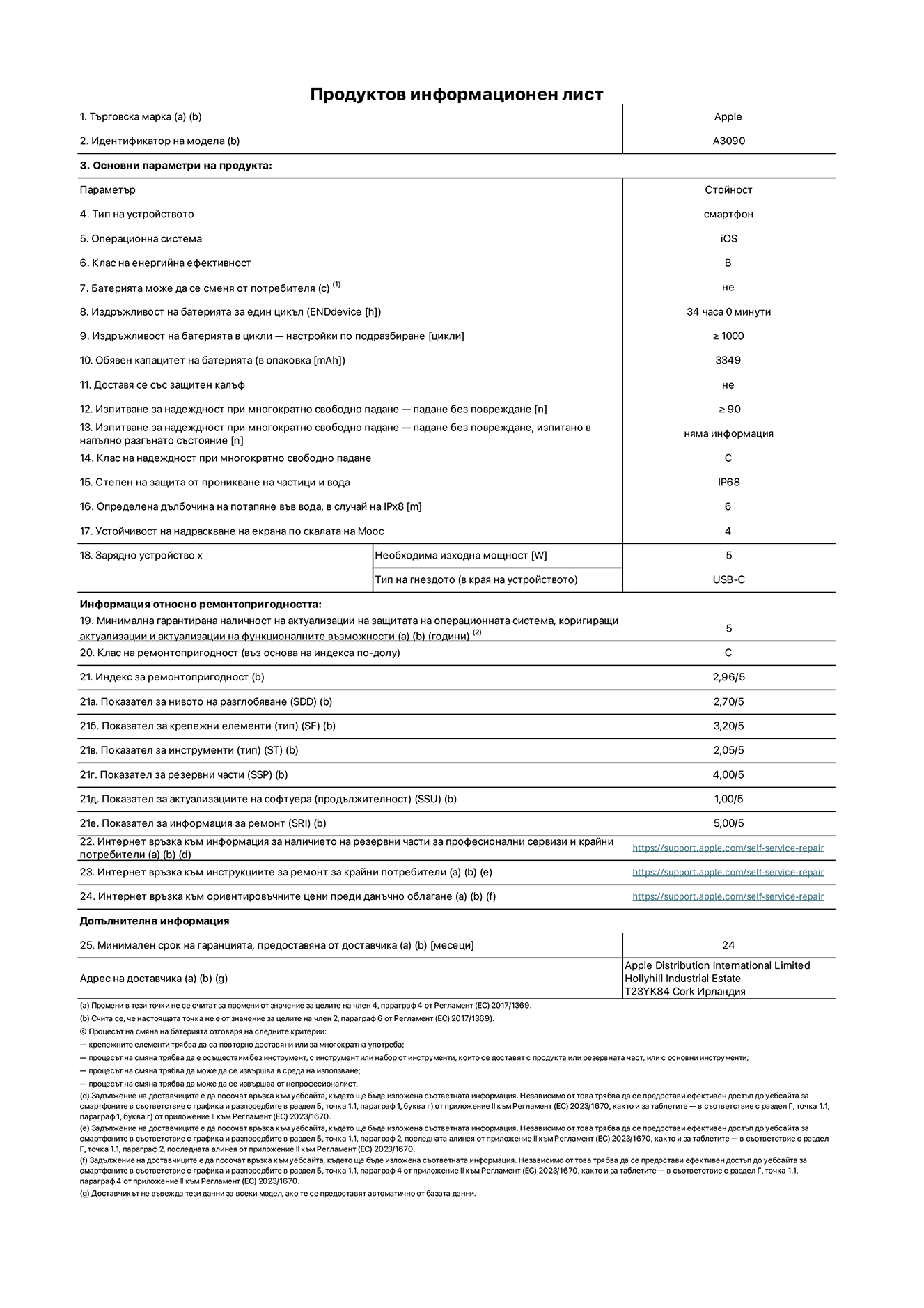 Продуктов информационен лист за iPhone 15, модел A3090. Доставено от Apple Distribution International Limited, Hollyhill Industrial Estate. Cork, Ирландия T23 YK84. Тип устройство: смартфон. Операционна система: iOS. Клас на енергийна ефективност: B. Батерията може да се сменя от потребителя: не. Издръжливост на батерията за един цикъл: 34 часа. Издръжливост на батерията в цикли - настройки по подразбиране: ≥ 1000. Обявен капацитет на батерията: 3349 mAh. Доставя се със защитен калъф: не. Изпитване за надеждност при многократно свободно падане - падане без повреждане: ≥ 90. Изпитване за надеждност при многократно свободно падане - падане без повреждане, изпитвано в напълно разгънато състояние: не е приложимо. Клас на надеждност при многократно свободно падане: C. Степен на защита от проникване на частици и вода: IP68. Определена дълбочина на потапяне във вода, в случай на iPx8: 6. Устойчивост на надраскване на екрана по скалата на твърдост на Моос: 4. Необходима изходна мощност на зарядното устройство: 5W. Тип на гнездото за зарядно устройство (в края на устройството): USB-C. Минимална гарантирана наличност на актуализации за сигурност на операционната система, коригиращи актуализации и актуализации на функционалността: 5 години. Клас на ремонтопригодност: C. Индекс на ремонтопригодност: 2,96/5. Показател за нивото на разглобяване (SDD): 2,70/5. Показател за крепежните елементи: 3,20/5. Показател за инструменти: 2,05/5. Показател за резервни части: 4,00/5. Показател за актуализации на софтуера: 1,00/5. Показател за информация за ремонт: 5,00/5. Уебвръзка към информация за наличността на резервни части за професионални сервизи и крайни потребители: https://support.apple.com/self-service-repair. Уебвръзка към инструкции за ремонт за крайни потребители: https://support.apple.com/self-service-repair. Уебвръзка към ориентировъчни цени преди данъци: https://support.apple.com/self-service-repair. Предлага се 24-месечна обща гаранция.