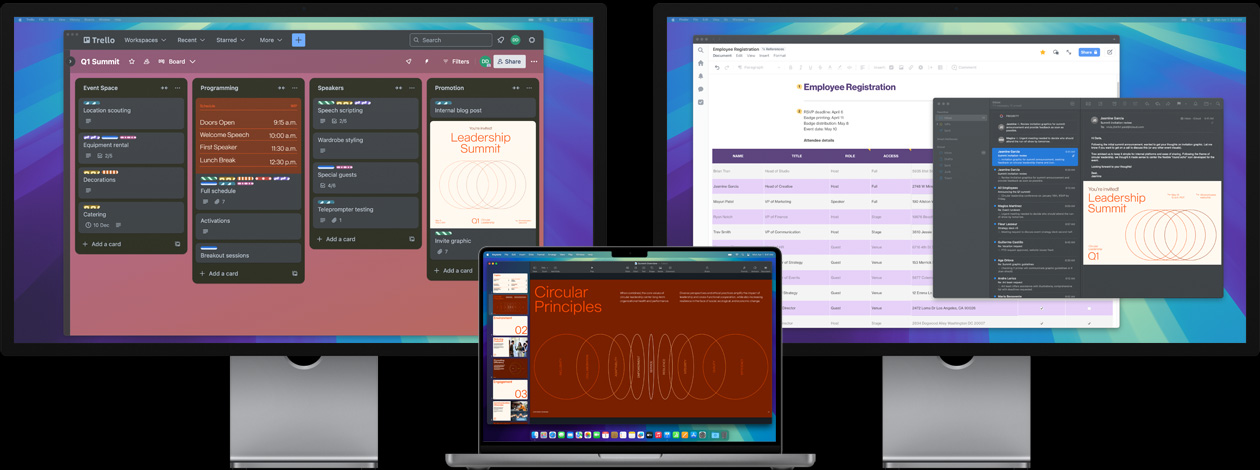 MacBook Pro с два Studio Displays — на екрана потребител се готви за лидерска среща, следи задачи в Trello, подготвя презентация и преглежда дизайн файлове в мейл