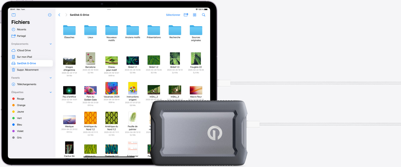 iPad Air relié à un disque dur externe