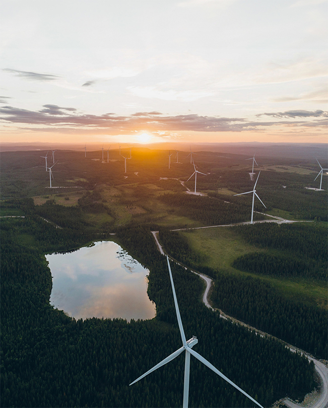 Une série d’éoliennes dans une campagne verdoyante, vue d’en haut.