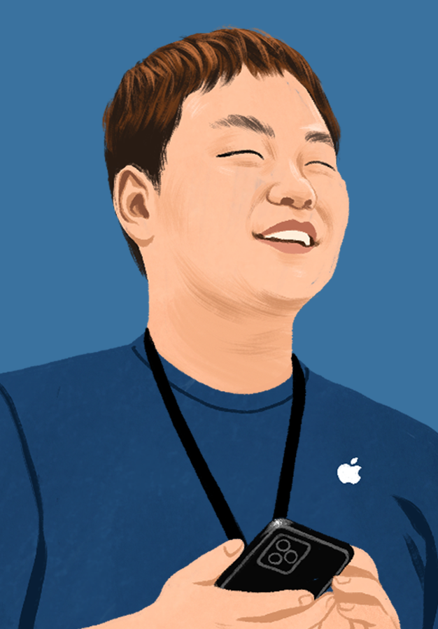 William 在 Apple 直營店微笑的肖像插畫。