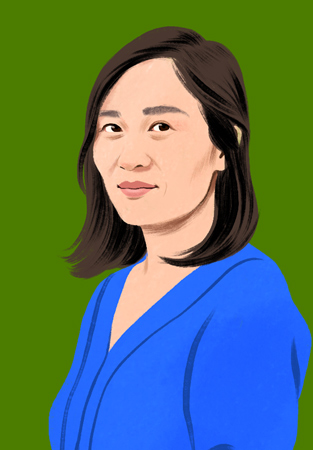 Xu 自信微笑看著讀者的肖像插畫。