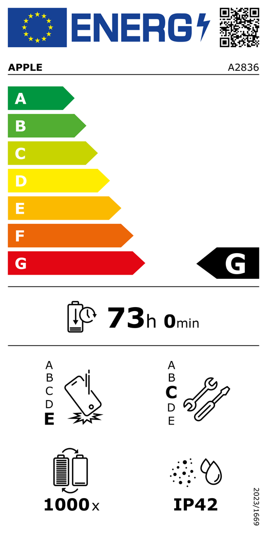 QR kód a informace na energetickém štítku EU, model Apple A2836, třída G, třídy energetické účinnosti (se stupnicí od A do G), A (nejvyšší účinnost) až G (nejnižší účinnost), výdrž baterie na jeden cyklus, 73 hodin a 0 minut na plné nabití baterie, třída spolehlivosti při opakovaném volném pádu E, A (nejvyšší odolnost) až E (nejnižší odolnost), třída opravitelnosti C, A (nejlepší opravitelnost) až E (nejhorší opravitelnost), životnost baterie 1000 cyklů, stupeň ochrany proti vniknutí prachu a vody (IP) IP42, nařízení 2023/1669