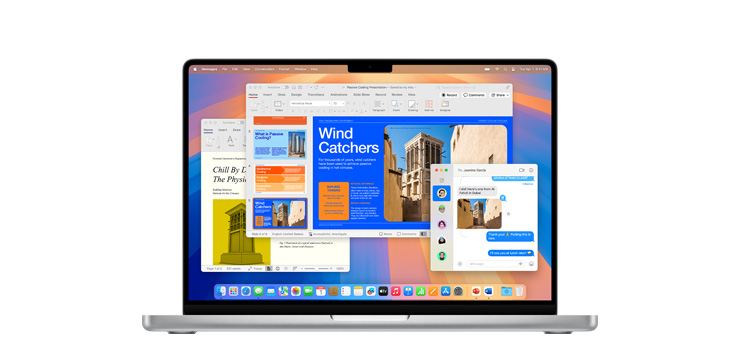 Předvedení aplikací, jako je Microsoft PowerPoint a Zprávy na MacBooku Pro M4.