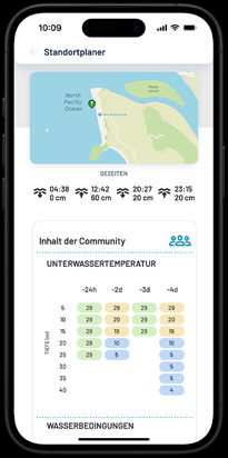 Local dive conditions with community feedback displayed as part of ___location planning.