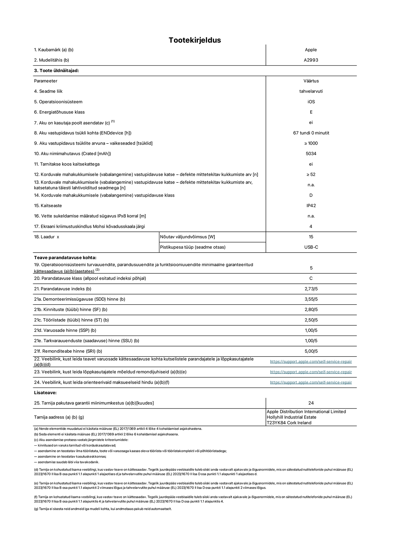 Toote iPad mini Wi-Fi, mudeli A2993 infoleht. Tarnija on Apple Distribution International Limited, Hollyhill Industrial Estate. Cork, Ireland T23 YK84. Seadme tüüp: tahvelarvuti. Operatsioonisüsteem: iOS. Energiatõhususklass: E. Aku vahetatav kasutajale: ei. Aku vastupidavus: 67 tundi. Aku kestvustsüklid – vaikesätted: suurem või võrdne 1000-ga. Akumaht: 5034 mAh. Korduv vabalangemise usaldusväärsustest – kukub ilma defektita: ≥ 52. Korduv vabalangemise usaldusväärsusklass: D. Tolmu- ja veekindluse kaitse hinnang: IP42. Ekraani kriimustuskindlus Mohsi kõvaduse skaalal: 4. Laadija nõutav väljundvõimsus: 15W. Laadija tüüp: USB-C. Opsüsteemi turva-, korrektiiv- ja funktsionaalsusvärskenduste minimaalne tagatud saadavus: 5 aastat. Parandatavusklass: C. Parandatavusindeks: 2,73/5. Lahtivõtmise sügavuse hinne: 3,55/5. Kinnitusdetailide hinne: 2,80/5. Tööriistade hinne: 2,50/5. Varuosade hinne: 1,00/5. Tarkvaravärskenduste hinne: 1,00/5. Parandusteabe hinne: 5,00/5. Teave varuosade kättesaadavuse kohta professionaalsetele parandajatele ja lõppkasutajatele: https://support.apple.com/self-service-repair. Parandusjuhised lõppkasutajatele: https://support.apple.com/self-service-repair. Soovituslikud maksueelsed hinnad: https://support.apple.com/self-service-repair. 24-kuune üldgarantii.