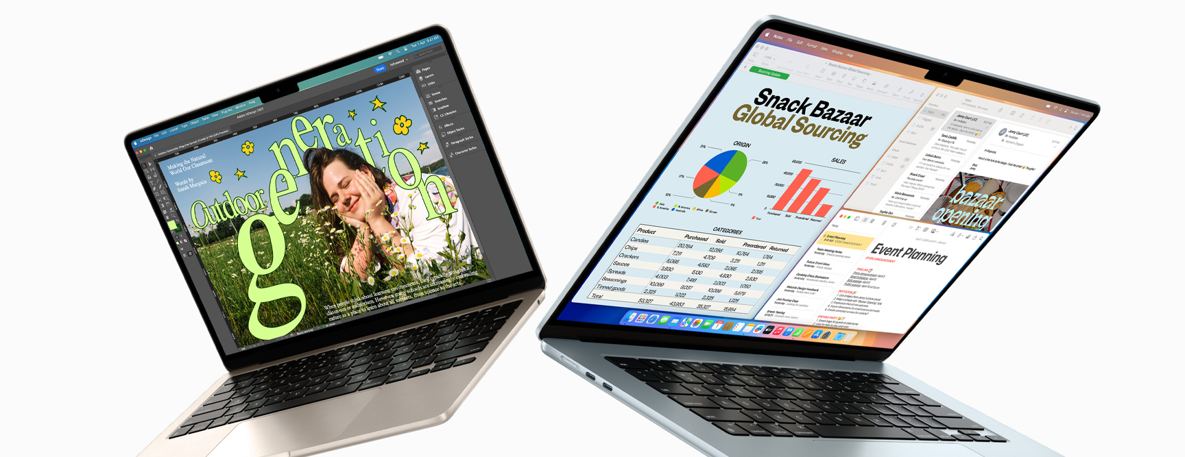 Osaliselt avatud 13- ja 15-tolline MacBook Air — ühel ekraanil on kuvatud pooleliolevat disainitööd, teisel kuvatakse multitaskingut postkasti ja arvutustabelite vahel