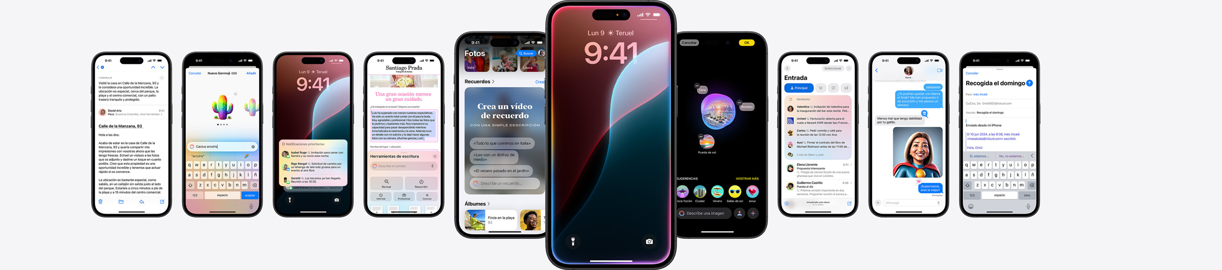Imagen estática de varios dispositivos iPhone con prestaciones de Apple Intelligence en la pantalla.