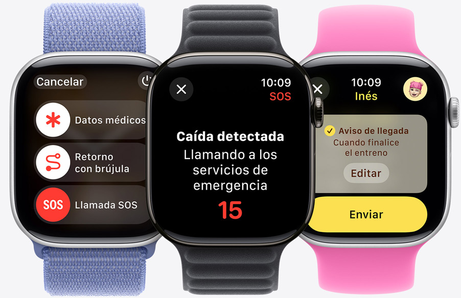 Los controles de llamada de emergencia, Datos Médicos y Retorno con Brújula se muestran en un Apple Watch Series 10. Detección de una caída en un Apple Watch Series 10. Un aviso de llegada a punto de enviarse desde un Apple Watch Series 10.
