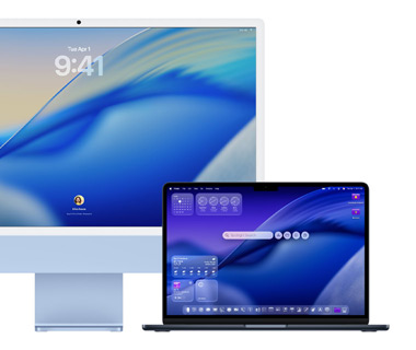Trois modèles de Mac alignés orientés vers l’avant, un MacBook Pro 16 pouces à gauche avec l’app Téléphone à l’écran montrant des contacts récents, un iMac 24 pouces bleu au centre, une vague du fond d’écran macOS Tahoe 26 se déplace à l’écran, un MacBook Air 13 pouces à droite, l’écran montre une recherche Spotlight sur le bureau avec le Dock et divers widgets tels que Calendrier, Horloge et Météo affichés en Liquid Glass.