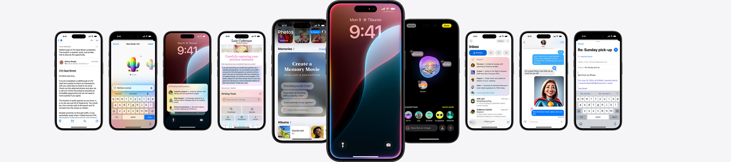 Bilde av flere iPhoner med Apple Intelligence-funksjoner.
