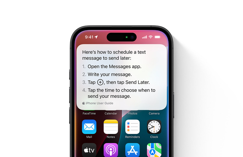 En iPhone vises med en trinnvis veiledning for hvordan du kan planlegge at en tekstmelding sendes på et senere tidspunkt