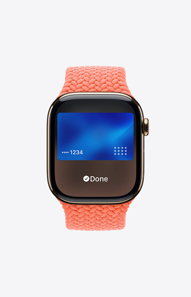 Et Apple Card blir brukt gjennom Apple Pay på Apple Watch Series 10.