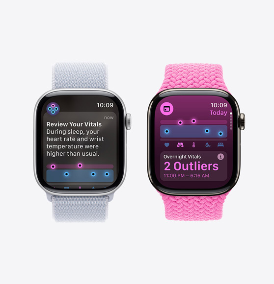En varsling om å se gjennom vitale tegn vises på Apple Watch Series 10, og Vitale tegn-appen viser en nattmåling med to avvikende verdier på Apple Watch Series 10.