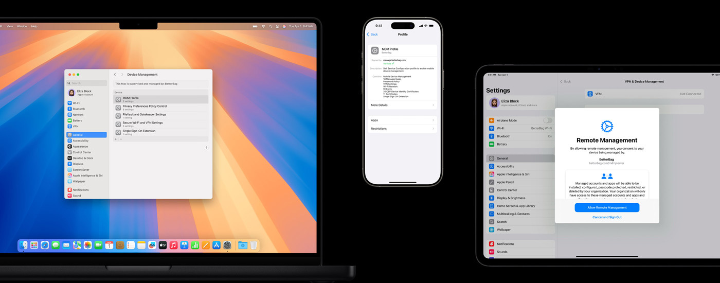 Un Mac et un iPad affichant la fenêtre Gestion à distance. Un iPhone affichant des réglages de profil MDM.