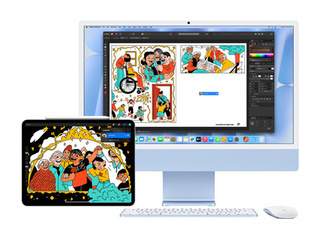 Une illustration colorée avec des effets amusants, affichée sur l’écran d’un iPad et d’un iMac. Sur l’iMac, l’illustration s’affiche dans une application de création.
