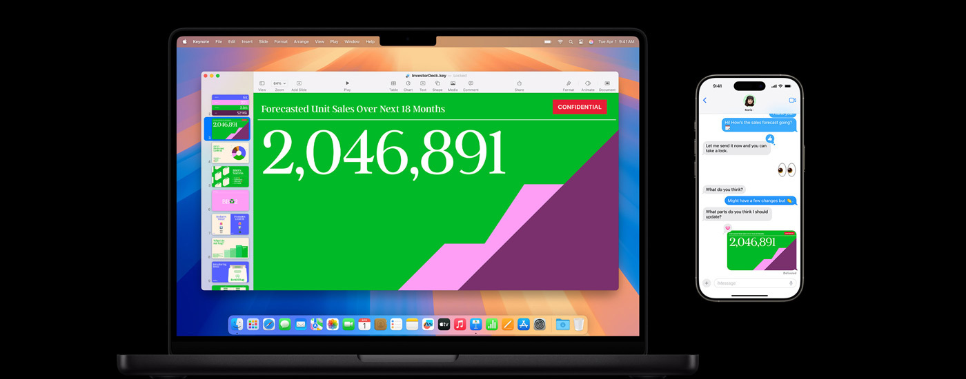 Une présentation visible sur l’écran d’un Mac et un échange de SMS contenant un lien vers cette présentation.