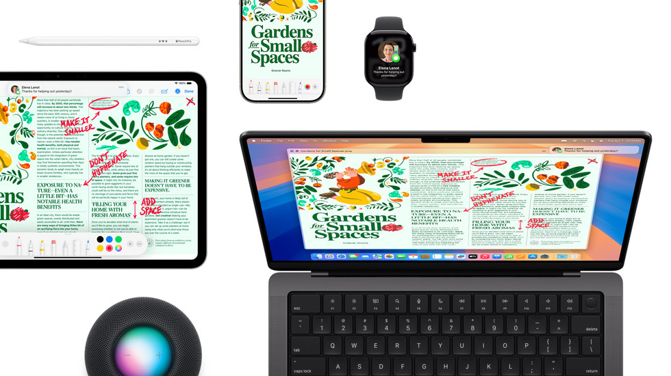 Un ensemble d’appareils incluant un iPad, un iPhone, une Apple Watch et un Mac. Tous affichent le même contenu.
