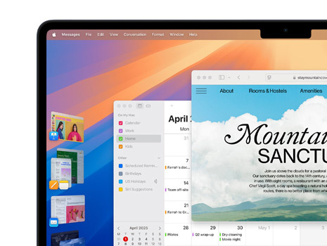 Écran affichant plusieurs fenêtres et apps, dont Keynote, Pages et Mail, ainsi qu’un site web au sujet d’un lieu de refuge.