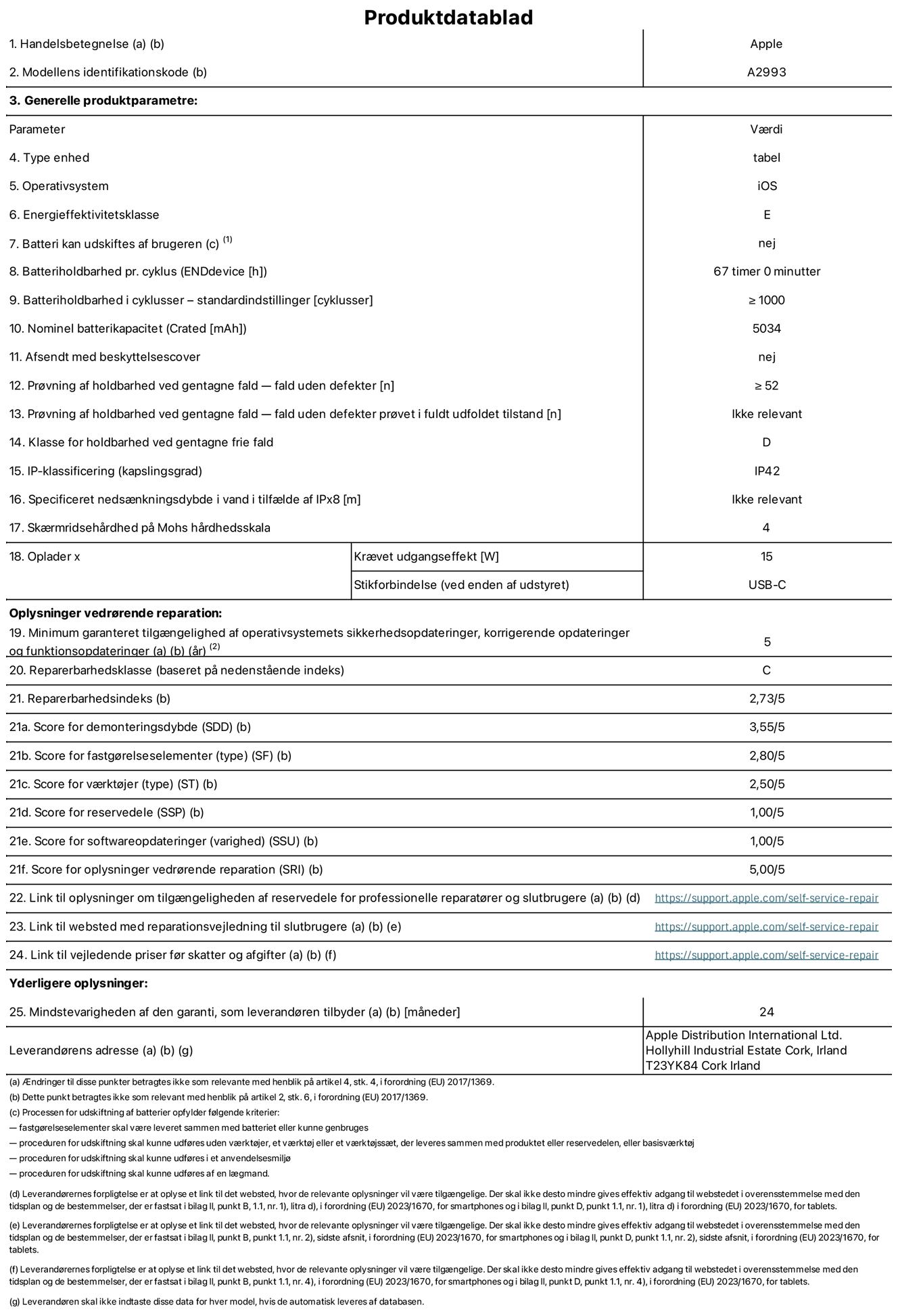 Produktdatablad til iPad mini Wi-Fi, model A2993. Leveret af Apple Distribution International Ltd, Hollyhill Industrial Estate. Cork, Irland T23 YK84. Enhedstype: tablet. Styresystem: iOS. Energieffektivitetsklasse: E. Batteri kan udskiftes af brugeren: nej. Batteritid: 67 timer. Batterilevetid i cyklusser: ≥ 1000. Nominel batterikapacitet: 5034 mAh. Holdbarhedstest ved gentagne fald – fald uden defekt: ≥ 52. Holdbarhedsklasse ved gentagne fald: D. Kapslingsklasse: IP42. Skærmens ridsefasthed på Mohs' hårdhedsskala: 4. Påkrævet udgangseffekt for oplader: 15 W. Opladerstiktype: USB-C. Garanteret minimumsperiode for tilgængelighed af sikkerhedsopdateringer, fejlrettelser og funktionsopdateringer til styresystemet: 5 år. Reparerbarhedsklasse: C. Reparationsindeks: 2,73/5. Antal point for demonteringsdybde: 3,55/5. Antal point for fastgørelseselementer: 2,80/5. Antal point for værktøj: 2,50/5. Antal point for reservedele: 1,00/5. Antal point for softwareopdateringer: 1,00/5. Antal point for reparationsoplysninger: 5,00/5. Weblink til oplysninger om tilgængeligheden af reservedele for professionelle reparatører og slutbrugere: https://support.apple.com/self-service-repair. Weblink til vejledning i reparation for slutbrugere: https://support.apple.com/self-service-repair. Weblink til vejledende priser før skatter og afgifter: https://support.apple.com/self-service-repair. Produktet er omfattet af 24 måneders garanti.