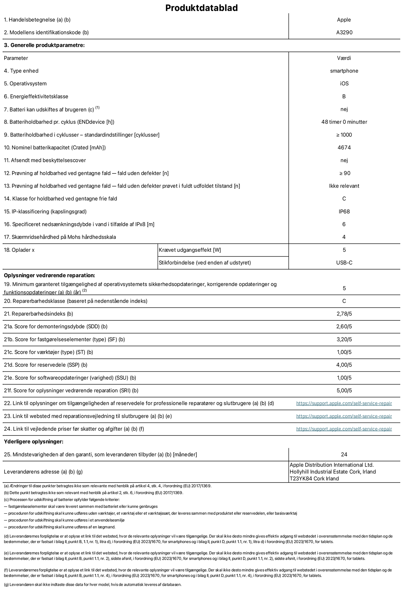 Produktdatablad til iPhone 16 Plus, model A3290. Leveret af Apple Distribution International Limited, Hollyhill Industrial Estate. Cork, Irland T23 YK84. Enhedstype: smartphone. Styresystem: iOS. Energieffektivitetsklasse: B. Batteri kan udskiftes af brugeren: nej. Batteritid pr. cyklus: 48 timer. Batterilevetid i cyklusser – standardindstillinger: ≥ 1000. Nominel batterikapacitet: 4674 mAh Leveres med beskyttelsescover: nej. Holdbarhedstest ved gentagne fald – fald uden defekt: ≥ 90. Holdbarhedstest ved gentagne fald – fald uden defekt testet i fuldt udfoldet tilstand: ikke relevant. Holdbarhedsklasse ved gentagne fald: C. Kapslingsklasse: IP68. Angivet nedsænkningsdybde i vand ved IPx8: 6. Skærmens ridsefasthed på Mohs' hårdhedsskala: 4. Påkrævet udgangseffekt for oplader: 5 W. Opladerstiktype (på enheden): USB-C. Garanteret minimumsperiode for tilgængelighed af sikkerhedsopdateringer, fejlrettelser og funktionsopdateringer til styresystemet: 5 år. Reparerbarhedsklasse: C. Reparationsindeks: 2,78/5. Antal point for demonteringsdybde: 2,60/5. Antal pointfor fastgørelseselementer: 3,20/5. Antal point for værktøj: 1,00/5. Antal point for reservedele: 4,00/5. Antal point for softwareopdateringer: 1,00/5. Antal point for reparationsoplysninger: 5,00/5. Weblink til oplysninger om tilgængeligheden af reservedele for professionelle reparatører og slutbrugere: https://support.apple.com/self-service-repair. Weblink til vejledning i reparation for slutbrugere: https://support.apple.com/self-service-repair. Weblink til vejledende priser før skatter og afgifter: https://support.apple.com/self-service-repair. Produktet er omfattet af 24 måneders garanti.