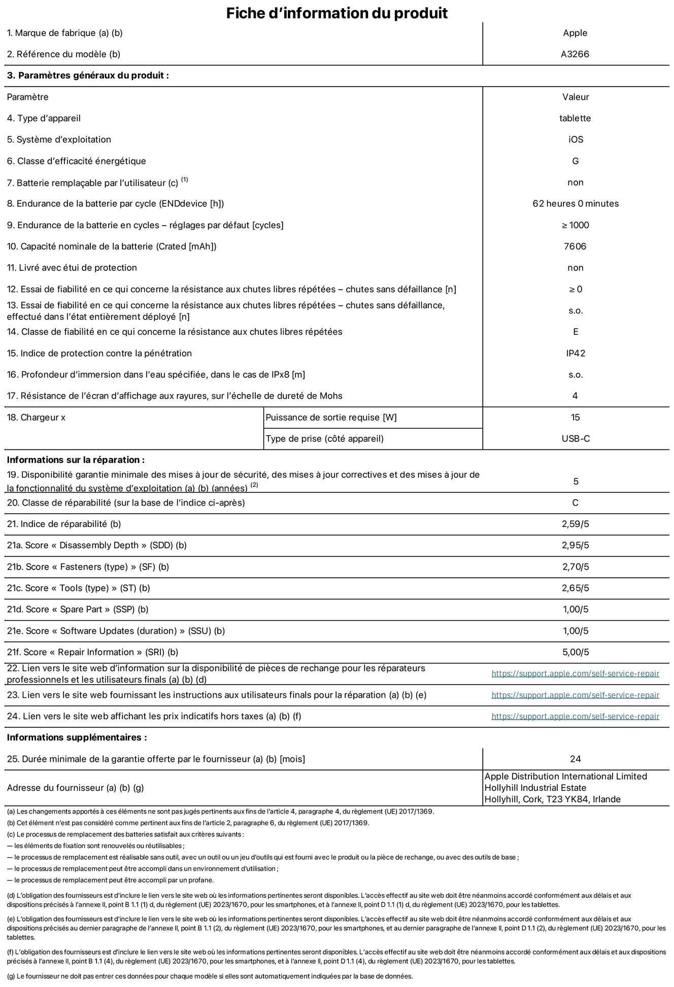 Fiche d’informations produit de l’iPad Air 11 pouces Wi‑Fi, modèle A3266. Fournie par Apple UK Ltd, 100 New Bridge Street, Londres EC4V 6JA. Type d’appareil : tablette. Système d’exploitation : iOS. Classe d’efficacité énergétique en plage dynamique standard : G. Endurance de la batterie : 62 heures. Endurance de la batterie en cycles : ≥ 1000. Capacité nominale de la batterie : 7 606 mAh. Essai de fiabilité en ce qui concerne la résistance aux chutes libres répétées – chutes sans défaillance : ≥ 0. Classe de fiabilité en ce qui concerne la résistance aux chutes libres répétées : E. Indice de protection contre la pénétration : IP42. Résistance de l’écran d’affichage aux rayures sur l’échelle de dureté de Mohs : 4. Puissance de sortie requise du chargeur : 15 W. Type de prise : USB‑C. Disponibilité garantie minimale des mises à jour de sécurité, des mises à jour correctives et des mises à jour de la fonctionnalité du système d’exploitation : 5 ans. Classe de réparabilité : C. Indice de réparabilité : 2,59/5. Score pour la profondeur de désassemblage : 2,95/5. Score pour les éléments de fixation (type) : 2,70/5. Score pour les outils : 2,65/5. Score pour les pièces de rechange : 1,00/5. Score pour les mises à jour logicielles : 1,00/5. Score pour les informations de réparation : 5,00/5. Lien vers le site web d’information sur la disponibilité des pièces de rechange pour les réparateurs professionnels et les utilisateurs finaux : https://support.apple.com/self-service-repair. Lien vers le site web fournissant les instructions aux utilisateurs finaux pour la réparation : https://support.apple.com/self-service-repair. Lien vers le site web affichant les prix indicatifs hors taxes : https://support.apple.com/self-service-repair. Garantie générale de 24 mois offerte.