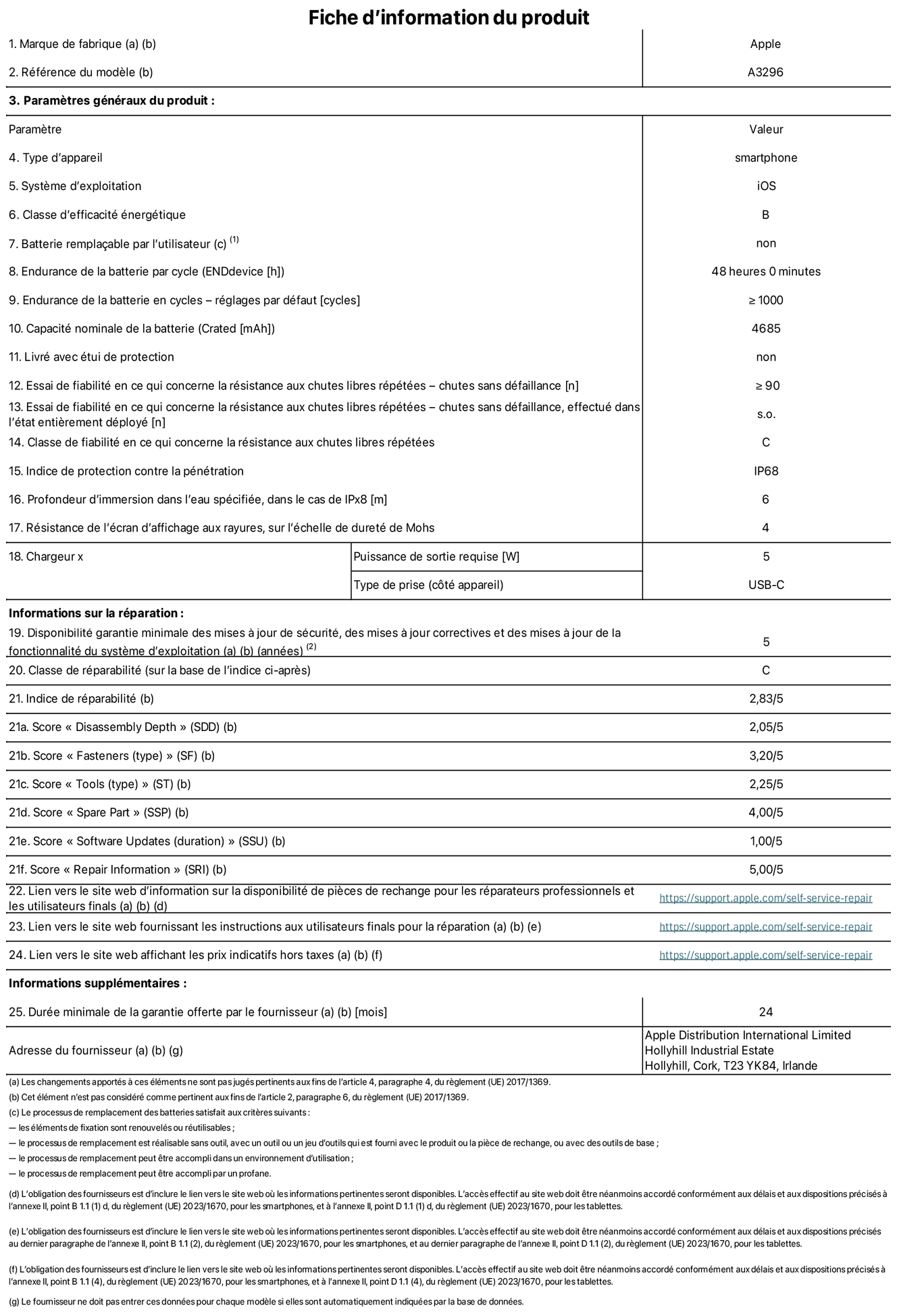 Fiche d’informations produit de l’iPhone 16 Pro Max, modèle A3296. Fournie par Apple Distribution International Limited, Hollyhill Industrial Estate. Cork, T23 YK84, Irlande Type d’appareil : smartphone. Système d’exploitation : iOS. Classe d’efficacité énergétique : B. Batterie remplaçable par l’utilisateur : non. Endurance de la batterie par cycle : 48 heures. Endurance de la batterie en cycles – réglages par défaut : supérieure ou égale à 1 000. Capacité nominale de la batterie : 4 685 mAh. Livré avec étui de protection : non. Essai de fiabilité en ce qui concerne la résistance aux chutes libres répétées – chutes sans défaillance :  supérieur ou égal à 90. Essai de fiabilité en ce qui concerne la résistance aux chutes libres répétées – chutes sans défaillance, effectué dans l’état entièrement déployé : non applicable. Classe de fiabilité en ce qui concerne la résistance aux chutes libres répétées : C. Indice de protection contre la pénétration : IP68. Profondeur d’immersion spécifiée dans l’eau, dans le cas de l’IPx8 : 6 mètres. Résistance de l’écran d’affichage aux rayures sur l’échelle de dureté de Mohs : 4. Puissance de sortie requise du chargeur : 5 W. Type de prise (côté appareil) : USB‑C. Disponibilité garantie minimale des mises à jour de sécurité, des mises à jour correctives et des mises à jour de la fonctionnalité du système d’exploitation : 5 ans. Classe de réparabilité : C. Indice de réparabilité : 2,83/5. Score pour la profondeur de désassemblage (SDD) : 2,05/5. Score pour les éléments de fixation : 3,20/5. Score pour les outils : 1,00/5. Score pour les pièces de rechange : 4,00/5. Score pour les mises à jour logicielles : 1,00/5. Score pour les informations concernant la réparation : 5,00/5. Lien vers le site web d’information sur la disponibilité des pièces de rechange pour les réparateurs professionnels et les utilisateurs finaux : https://support.apple.com/self-service-repair. Lien vers le site web fournissant les instructions aux utilisateurs finaux pour la réparation : https://support.apple.com/self-service-repair. Lien vers le site web affichant les prix indicatifs hors taxes : https://support.apple.com/self-service-repair. Garantie générale de 24 mois offerte.
