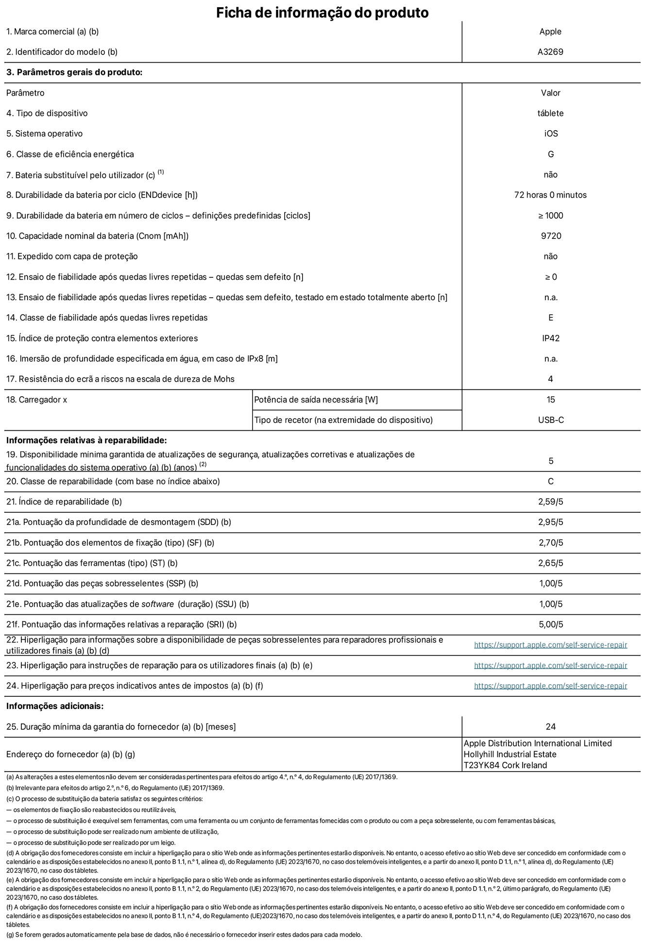 Folha de informações do produto para o iPad Air de 13 polegadas Wi-Fi + Cellular. Modelo A3269. Fornecido pela Apple UK Ltd, 100 New Bridge Street, Londres EC4V 6JA. Tipo de dispositivo: tablet. Sistema operativo: iOS. Classe de eficiência energética para a gama dinâmica padrão: G. Autonomia da bateria de 72 horas. Autonomia da bateria em ciclos: ≥ 1000. Capacidade nominal da bateria: 9720 mAh. Teste de fiabilidade após quedas livres repetidas - quedas sem defeito: ≥ 0. Classe de fiabilidade após quedas livres repetidas: E. Proteção contra elementos exteriores: IP42. Resistência do ecrã a riscos na escala de dureza de Mohs: 4. Potência de saída necessária do carregador de 15 W. Tipo de recetor do carregador: USB-C. Disponibilidade mínima garantida de atualizações de segurança, atualizações corretivas e atualizações de funcionalidades do sistema operativo: 5 anos. Classe de reparabilidade: C. Índice de reparabilidade: 2,59/5. Pontuação da profundidade de desmontagem: 2,95/5. Pontuação dos elementos de fixação (tipo): 2,70/5. Pontuação das ferramentas: 2,65/5. Pontuação das peças sobresselentes: 1,00/5. Pontuação das atualizações de software: 1,00/5. Pontuação das informações relativas a reparação: 5,00/5. Hiperligação para informações sobre a disponibilidade de peças sobresselentes para reparadores profissionais e utilizadores finais: https://support.apple.com/self-service-repair. Hiperligação para instruções de reparação para utilizadores finais: https://support.apple.com/self-service-repair. Hiperligação para preços indicativos antes de impostos: https://support.apple.com/self-service-repair. Oferta de garantia geral de 24 meses.