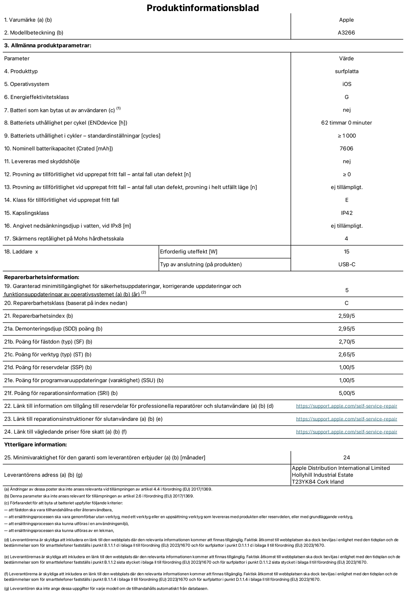 Produktinformationsblad för 11-tums iPad Air Wi-Fi, modell A3266. Tillhandahålls av Apple UK Ltd, 100 New Bridge Street, London EC4V 6JA. Enhetstyp: surfplatta. Operativsystem: iOS. Energieffektivitetsklass för Standard Dynamic Range: G. Batteritid: 62 timmar. Batteriets livslängd i antal cykler: ≥ 1000. Nominell batterikapacitet: 7606 mAh. Tillförlitlighetstest vid upprepat fritt fall – antal fall utan defekter: ≥ 0. Tillförlitlighet vid upprepat fritt fall: klass E. IP-klass: IP42. Skärmens reptålighet enligt Mohs hårdhetsskala: 4. Laddare – uteffekt som krävs: 15 W. Typ av uttag på laddaren: usb-c. Garanterad minimiperiod för tillgång till säkerhetsuppdateringar, korrigerande uppdateringar och funktionsuppdateringar av operativsystemet: 5 år. Reparerbarhetsklass: C. Reparerbarhetsindex: 2,59/5. Poäng för demonteringsdjup: 2,95/5. Poäng för fästen (typ): 2,70/5. Poäng för verktyg: 2,65/5. Poäng för reservdelar: 1,00/5. Poäng för mjukvaruuppdateringar: 1,00/5. Poäng för reparationsinformation: 5,00/5. Länk till information om tillgängliga reservdelar för professionella reparatörer och slutanvändare: https://support.apple.com/self-service-repair. Länk till reparationsanvisningar för slutanvändare: https://support.apple.com/self-service-repair. Länk till vägledande priser före skatt: https://support.apple.com/self-service-repair. Produkten omfattas av 24 månaders garanti.