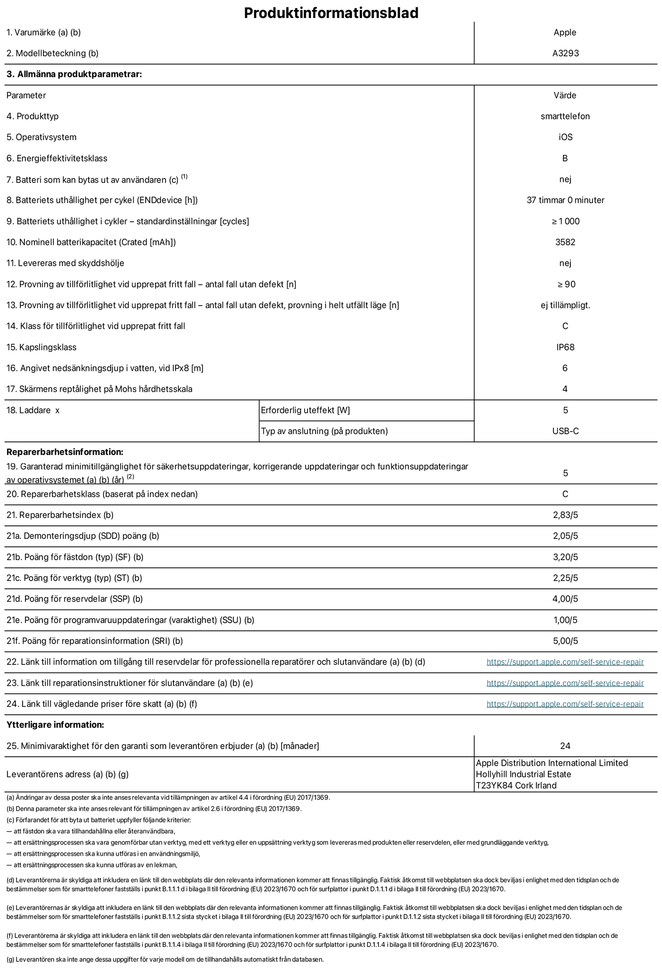 Produktinformationsblad för iPhone 16 Pro, modell A3293. Tillhandahålls av Apple Distribution International Limited, Hollyhill Industrial Estate. Cork, Irland T23 YK84. Enhetstyp: smartphone. Operativsystem: iOS. Energieffektivitetsklass: B. Batteri som kan bytas ut av användaren: nej. Batteritid per laddningscykel: 37 timmar. Batteriets livslängd i antal cykler – standardinställningar: ≥ 1000. Nominell batterikapacitet: 3582 mAh. Levereras med skyddsfodral: nej. Tillförlitlighetstest vid upprepat fritt fall – antal fall utan defekter: ≥ 90. Tillförlitlighetstest vid upprepat fritt fall – antal fall utan defekter testat i helt utfällt läge: ej tillämpligt. Tillförlitlighet vid upprepat fritt fall: klass C. IP-klass: IP68. Angivet nedsänkningsdjup vid iPx8: 6. Skärmens reptålighet enligt Mohs hårdhetsskala: 4. Laddare – uteffekt som krävs: 5 W. Typ av uttag på laddaren: usb-c. Garanterad minimiperiod för tillgång till säkerhetsuppdateringar, korrigerande uppdateringar och funktionsuppdateringar av operativsystemet: 5 år. Reparerbarhetsklass: C. Reparerbarhetsindex: 2,83/5. Poäng för demonteringsdjup (SDD): 2,05/5. Poäng för fästen: 3,20/5. Poäng för verktyg: 2,25/5. Poäng för reservdelar: 4,00/5. Poäng för mjukvaruuppdateringar: 1,00/5. Poäng för reparationsinformation: 5,00/5. Länk till information om tillgängliga reservdelar för professionella reparatörer och slutanvändare: https://support.apple.com/self-service-repair. Länk till reparationsanvisningar för slutanvändare: https://support.apple.com/self-service-repair. Länk till vägledande priser före skatt: https://support.apple.com/self-service-repair. Produkten omfattas av 24 månaders garanti.