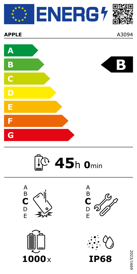 Código QR e información de la etiqueta energética de la UE, modelo A3094 de Apple, clase B, clases de eficiencia energética (con una escala de la A a la G), de la A (la más eficiente) a la G (la menos eficiente), duración de la batería por ciclo, 45 horas y 0 minutos por carga completa de la batería, fiabilidad en caídas repetidas de clase C, de la A (la más robusta) a la E (la menos robusta), reparabilidad de clase C, de la A (la más reparable) a la E (la menos reparable), 1.000 ciclos de carga de la batería, grado de protección contra la entrada de polvo y agua (IP) IP68, normativa 2023/1669