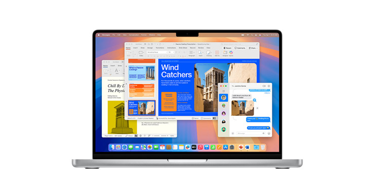 Dimostrazione di app come Microsoft PowerPoint e Messaggi su MacBook Pro M4.