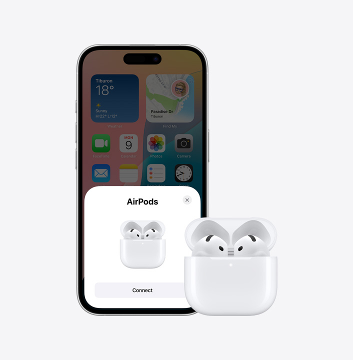iPhone 16 is displayed along set a pair of Airpods