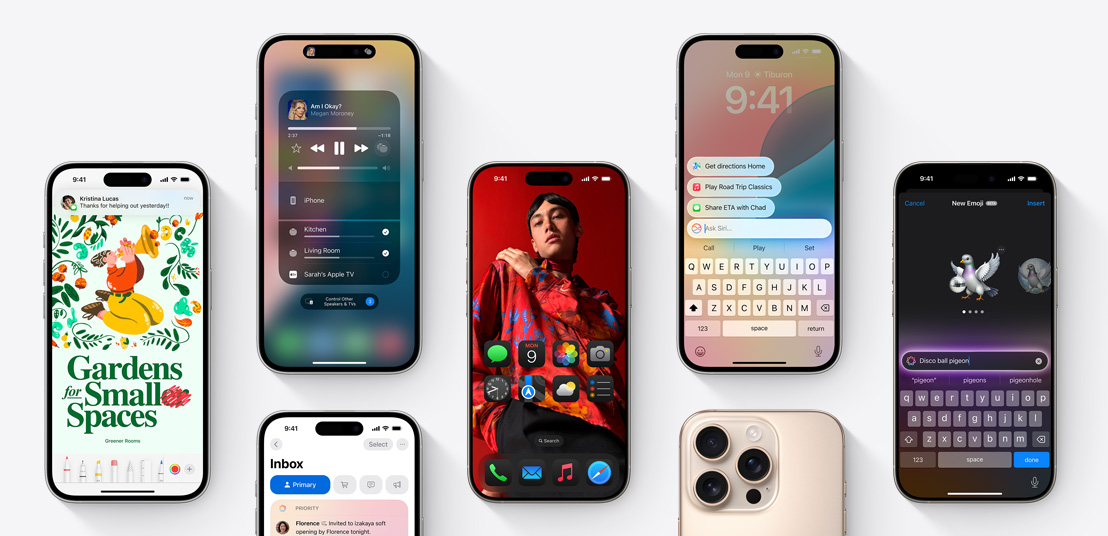 多個 iPhone 16 螢幕顯示不同 iOS 18 功能
