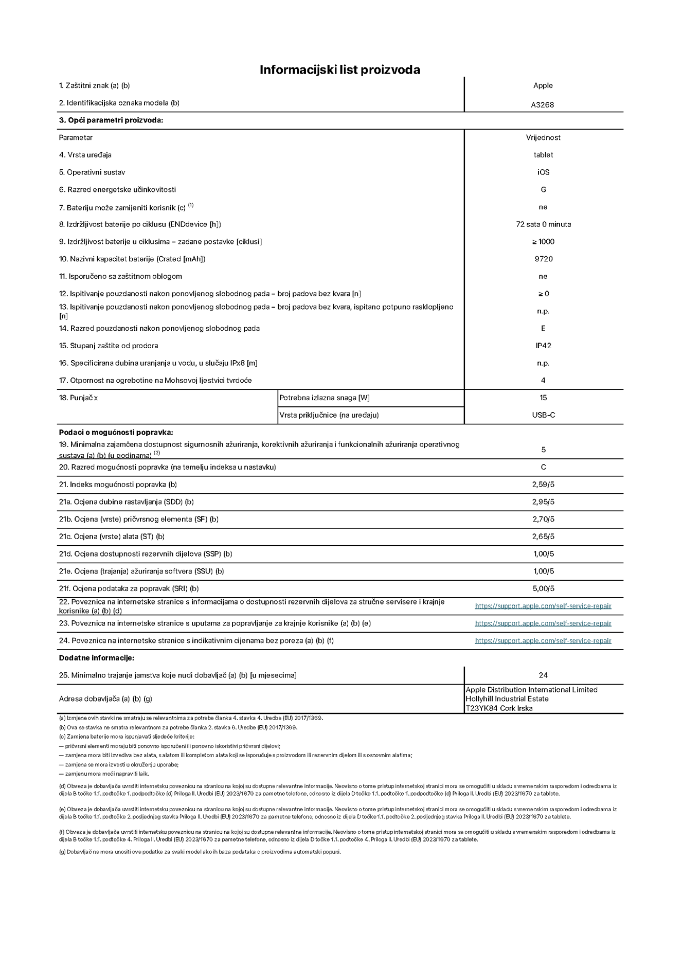 List s informacijama o proizvodu za 13-inčni iPad Air Wi-Fi. Model A3268. Isporučuje Apple UK Ltd, 100 New Bridge Street, London EC4V 6JA. Vrsta uređaja: tablet. Operacijski sustav: iOS. Klasa energetske učinkovitosti za standardni dinamički raspon: G. Trajanje baterije: 72 sata. Trajanje baterije u ciklusima: ≥ 1000. Nazivni kapacitet baterije: 9720 mAh. Test pouzdanosti ponavljanim slobodnim padovima - padovi bez kvarova: ≥ 0. Klasa pouzdanosti pri ponavljanim slobodnim padovima: E. Zaštita od prodiranja: IP42. Otpornost na grebanje zaslona na Mohsovoj ljestvici tvrdoće: 4. Potrebna izlazna snaga punjača: 15 W. Tip utičnice punjača: USB-C. Minimalna zajamčena dostupnost sigurnosnih ažuriranja operacijskog sustava, korektivnih ažuriranja i ažuriranja funkcionalnosti: 5 godina. Klasa popravljivosti: C. Indeks popravljivosti: 2,59/5. Ocjena dubine rastavljanja: 2,95/5. Ocjena pričvrsnih elemenata (tip): 2,70/5. Ocjena alata: 2,65/5. Ocjena rezervnih dijelova: 1,00/5. Ocjena ažuriranja softvera: 1,00/5. Ocjena ažuriranja softvera: 1,00/5. Ocjena informacija o popravcima: 5,00/5. Internetska poveznica prema informacijama o dostupnosti rezervnih dijelova za profesionalne servisere i krajnje korisnike: https://support.apple.com/self-service-repair. Internetska poveznica prema uputama za popravljanje za krajnje korisnike: https://support.apple.com/self-service-repair. Internetska poveznica prema indikativnim cijenama prije poreza: https://support.apple.com/self-service-repair. Ponuđeno je 24-mjesečno općenito jamstvo.