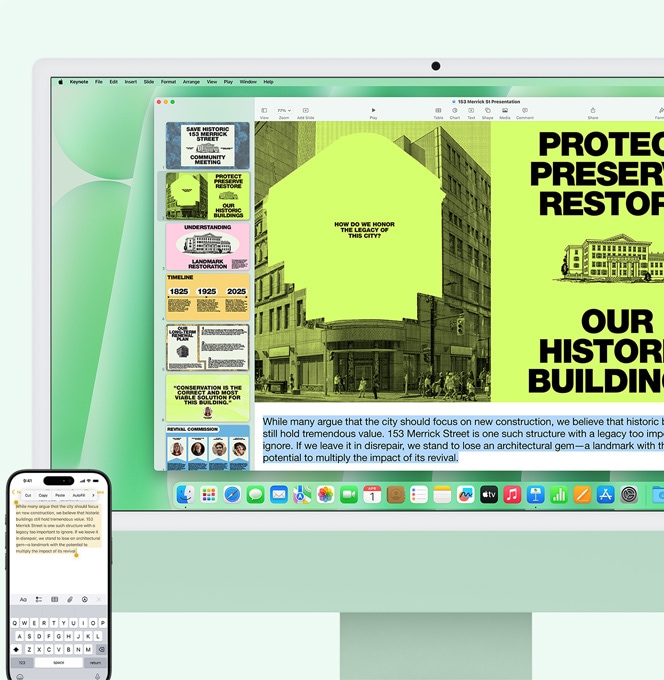 Zeleni iMac uz iPhone. Tekst iz aplikacije Bilješke na iPhoneu kopira se na iMac
