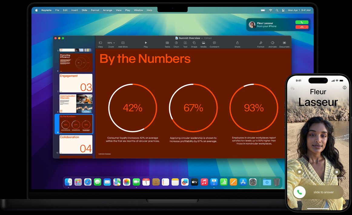 Macbook Pro pokraj iPhonea — korisnik prima obavijest na zaslonu MacBooka Pro o dolaznom telefonskom pozivu