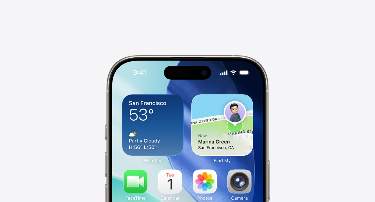 iPhone, bagian atas layar menampilkan layar utama dengan widget Cuaca dan Lacak di baris atas