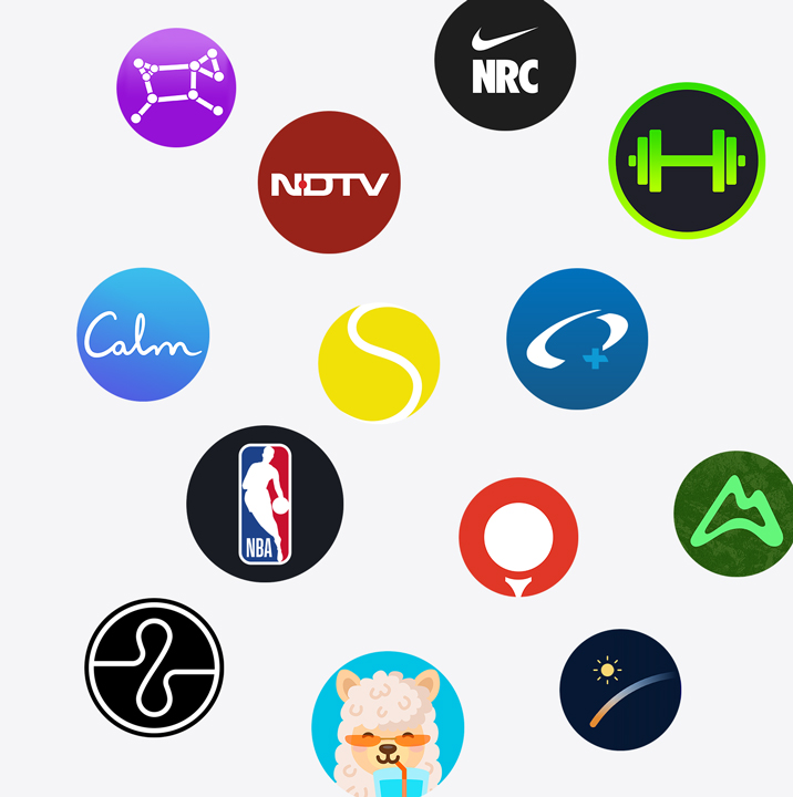 The icons of Apple Watch apps from the App Store. ChargePoint, Yelp, Nike Run Club, SmartGym, Calm, NBA, SwingVision, Oceanic+, WeChat, Waterllama, Golfshot, JetBlue, and AllTrails
