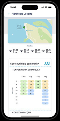 Local dive conditions with community feedback displayed as part of ___location planning.