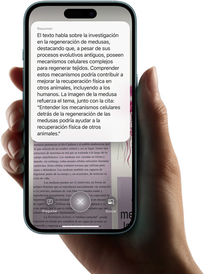Una mano sostiene un iPhone 16 donde se muestra una búsqueda hecha con Inteligencia Visual.