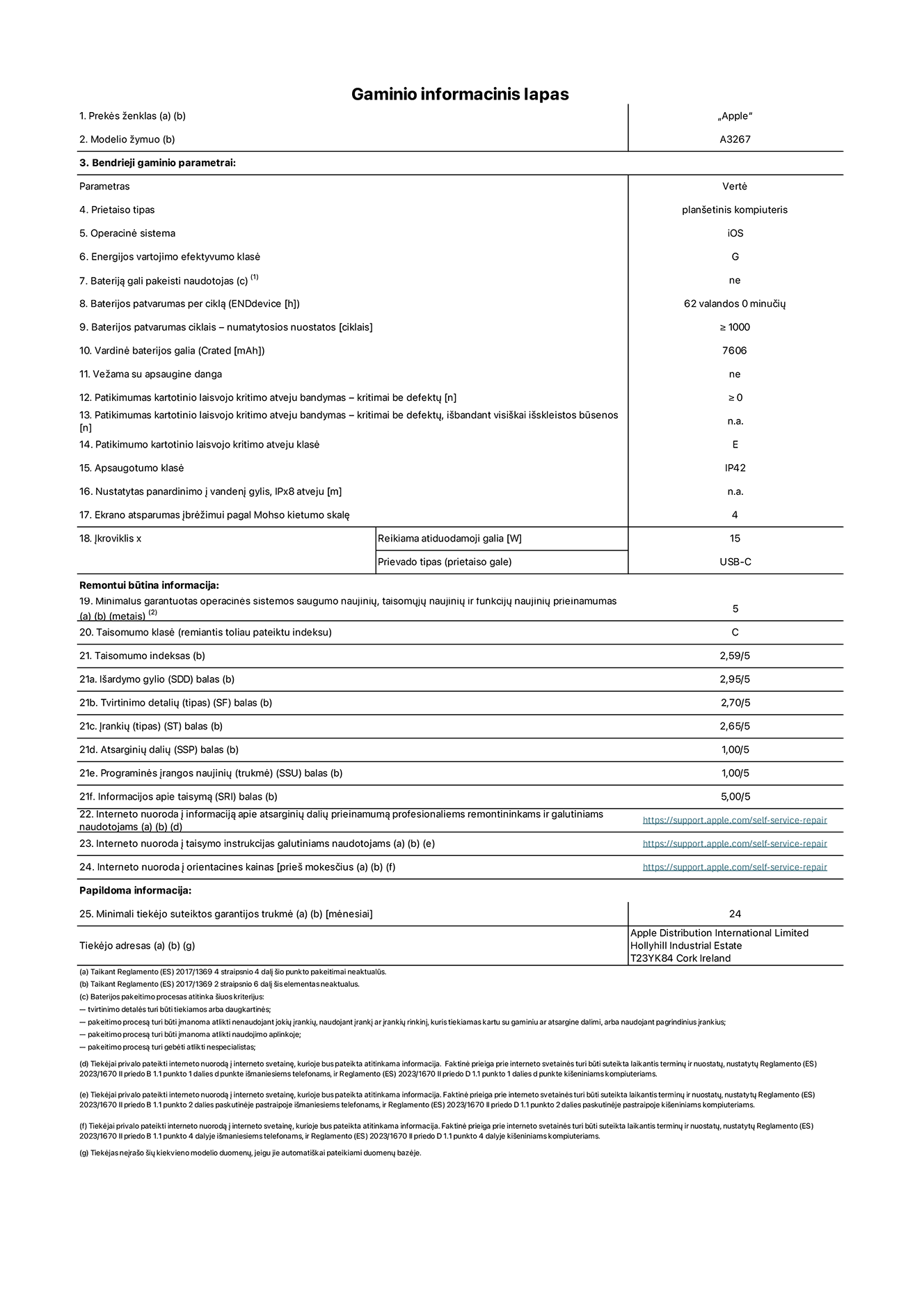 Gaminio informacinis lapas, 11 colių „iPad Air Wi-Fi plus Cellular“. Modelis A3267. Pateikė „Apple UK Ltd“, 100 New Bridge Street, Londonas EC4V 6JA. Prietaiso tipas: planšetinis kompiuteris. Operacinė sistema: „iOS“. Standartinio dinaminio diapazono energijos vartojimo efektyvumo klasė: G. Baterijos patvarumas: 62 valandos. Baterijos patvarumas ciklais: ≥ 1 000. Vardinė baterijos galia: 7 606 mAh. Patikimumo testas kartotinio laisvojo kritimo atveju – kritimai be defektų: ≥ 0. Patikimumo kartotinio laisvojo kritimo atveju klasė: E. Apsaugotumo klasė: IP42. Ekrano atsparumas įbrėžimui pagal Mohso kietumo skalę: 4. Įkroviklio reikiama atiduodamoji galia: 15 W. Įkroviklio prievado tipas: USB-C. Minimalus garantuotas operacinės sistemos saugumo naujinių, taisomųjų naujinių ir funkcijų naujinių prieinamumas: 5 metai. Taisomumo klasė: C. Taisomumo indeksas: 2,59/5. Išardymo gylio balas: 2,95/5. Tvirtinimo detalių (tipo) balas: 2,70/5. Įrankių balas: 2,65/5. Atsarginių dalių balas: 1,00/5. Programinės įrangos naujinių balas: 1,00/5. Informacijos apie taisymą balas: 5,00/5. Interneto nuoroda į informaciją apie atsarginių dalių prieinamumą profesionaliems remontininkams ir galutiniams naudotojams: https://support.apple.com/self-service-repair. Interneto nuoroda į taisymo instrukcijas galutiniams naudotojams: https://support.apple.com/self-service-repair. Nuoroda į orientacines kainas prieš mokesčius: https://support.apple.com/self-service-repair. Siūloma 24 mėnesių bendroji garantija.