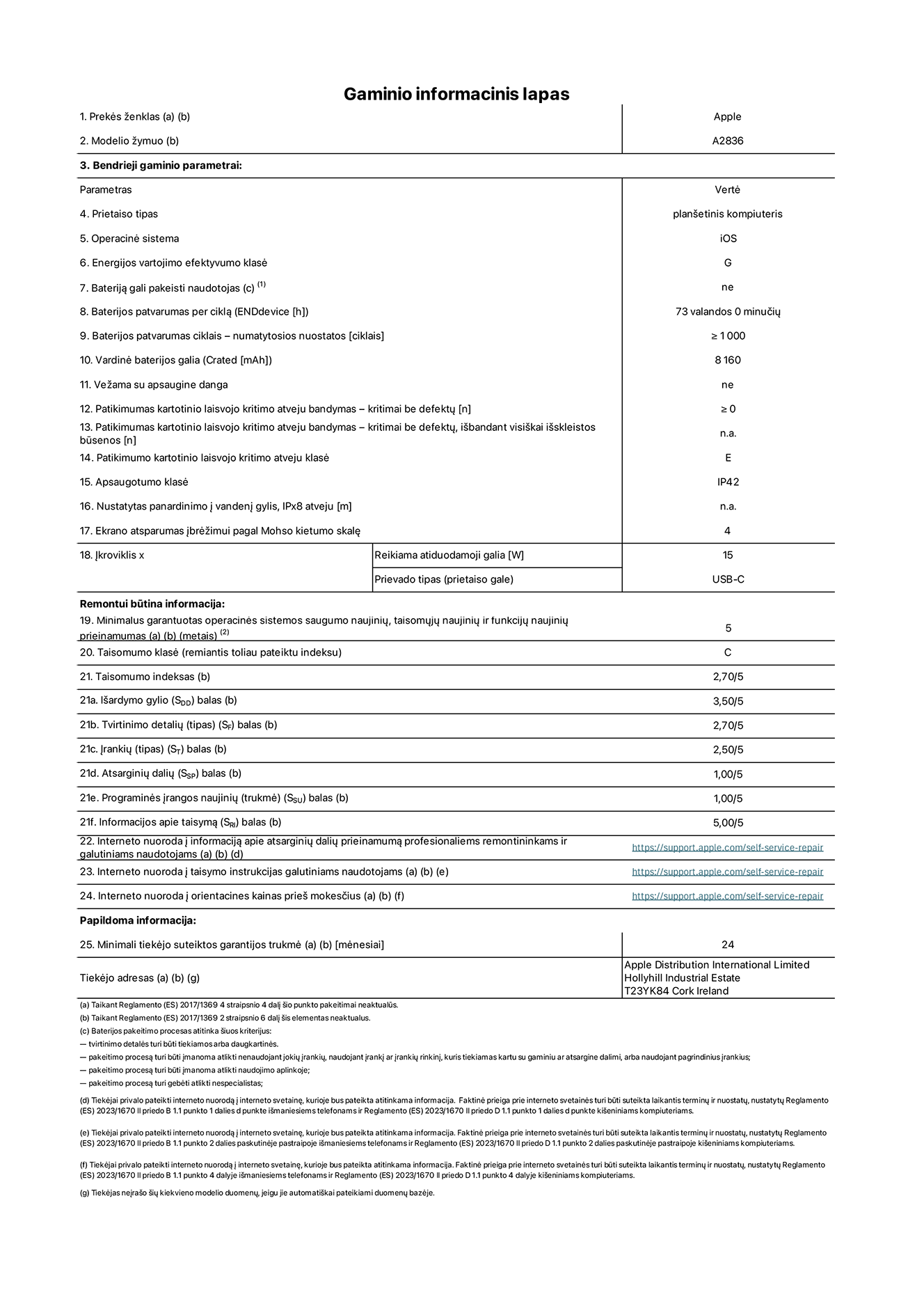Gaminio informacinis lapas, 11 colių „iPad Pro Wi-Fi“, modelis A2836. Pateikė „Apple Distribution International Ltd“, „Hollyhill Industrial Estate“. Korkas, Airija T23 YK84. Prietaiso tipas: planšetinis kompiuteris. Operacinė sistema: „iOS“. Energijos vartojimo efektyvumo klasė: E. Bateriją gali pakeisti naudotojas: ne. Baterijos patvarumas: 73 valandos. Baterijos patvarumas ciklais: ≥ 1 000. Vardinė baterijos galia: 8 160 mAh. Patikimumo testas kartotinio laisvojo kritimo atveju – kritimai be defektų: ≥ 0. Patikimumo kartotinio laisvojo kritimo atveju klasė: E. Apsaugotumo klasė: IP42. Ekrano atsparumas įbrėžimui pagal Mohso kietumo skalę: 4. Įkroviklio reikiama atiduodamoji galia: 15 W. Įkroviklio prievado tipas: USB-C. Minimalus garantuotas operacinės sistemos saugumo naujinių, taisomųjų naujinių ir funkcijų naujinių prieinamumas: 5 metai. Taisomumo klasė: C. Taisomumo indeksas: 2,70/5. Išardymo gylio balas: 3,50/5. Tvirtinimo detalių balas: 2,70/5. Įrankių balas: 2,50/5. Atsarginių dalių balas: 1,00/5. Programinės įrangos naujinių balas: 1,00/5. Informacijos apie taisymą balas: 5,00/5. Interneto nuoroda į informaciją apie atsarginių dalių prieinamumą profesionaliems remontininkams ir galutiniams naudotojams: https://support.apple.com/self-service-repair. Interneto nuoroda į taisymo instrukcijas galutiniams naudotojams: https://support.apple.com/self-service-repair. Nuoroda į orientacines kainas prieš mokesčius: https://support.apple.com/self-service-repair. Siūloma 24 mėnesių bendroji garantija.
