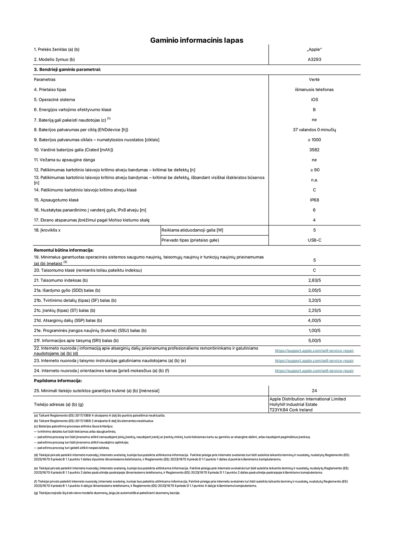 Gaminio informacinis lapas, „iPhone 16 Plus“, modelis A3293. Pateikė „Apple Distribution International Limited“, „Hollyhill Industrial Estate“. Korkas, Airija T23 YK84. Prietaiso tipas: išmanusis telefonas. Operacinė sistema: „iOS“. Energijos vartojimo efektyvumo klasė: B. Bateriją gali pakeisti naudotojas: ne. Baterijos patvarumas per ciklą: 37 valandos. Baterijos patvarumas ciklais – numatytosios nuostatos: ≥ 1 000. Vardinė baterijos galia: 3 582 mAh. Vežama su apsaugine danga: ne. Patikimumo testas kartotinio laisvojo kritimo atveju – kritimai be defektų: ≥ 90. Patikimumo testas kartotinio laisvojo kritimo atveju – kritimai be defektų, išbandant visiškai išskleistos būsenos: netaikoma. Patikimumo kartotinio laisvojo kritimo atveju klasė: C. Apsaugotumo klasė: IP68. Nustatytas panardinimo į vandenį gylis, IPx8 atveju: 6. Ekrano atsparumas įbrėžimui pagal Mohso kietumo skalę: 4. Įkroviklio reikiama atiduodamoji galia: 5 W. Įkroviklio prievado tipas (prietaiso gale): USB-C. Minimalus garantuotas operacinės sistemos saugumo naujinių, taisomųjų naujinių ir funkcijų naujinių prieinamumas: 5 metai. Taisomumo klasė: C. Taisomumo indeksas: 2,83/5. Išardymo gylio (SDD) balas: 2,05/5. Tvirtinimo detalių balas: 3,20/5. Įrankių balas: 2,25/5. Atsarginių dalių balas: 4,00/5. Programinės įrangos naujinių balas: 1,00/5. Informacijos apie taisymą balas: 5,00/5. Interneto nuoroda į informaciją apie atsarginių dalių prieinamumą profesionaliems remontininkams ir galutiniams naudotojams: https://support.apple.com/self-service-repair. Interneto nuoroda į taisymo instrukcijas galutiniams naudotojams: https://support.apple.com/self-service-repair. Nuoroda į orientacines kainas prieš mokesčius: https://support.apple.com/self-service-repair. Siūloma 24 mėnesių bendroji garantija.