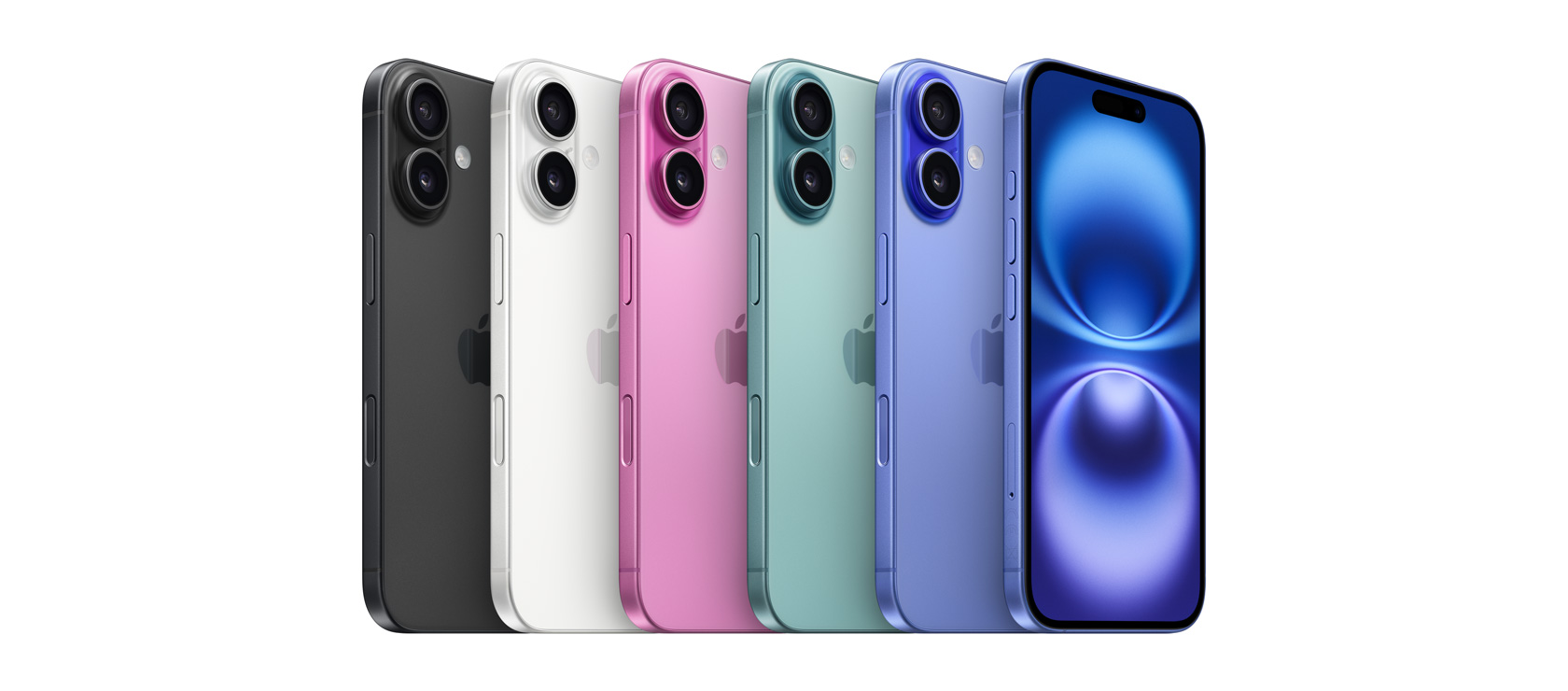 „iPhone 16“ vaizdas iš galo, visos penkios spalvos – juoda, balta, rausva, turkio, ultramarino ir „iPhone 16“ vaizdas iš priekio (ultramarino spalvos)