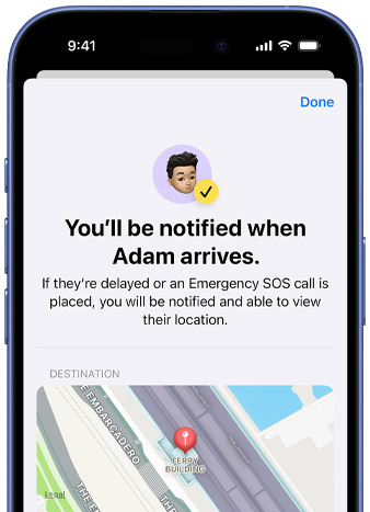 iPhone screen shows a confirmation that a Find My notification has been set up, text reads 'You'll be notified when Pedro arrives,' map with pinned ___location sits at bottom of screen