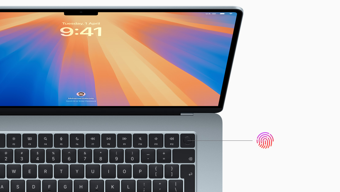 An open MacBook Air in Sky Blue, demonstrating the ___location of the Touch ID button.