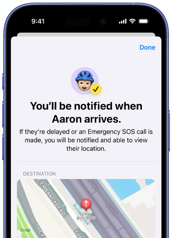 iPhone screen shows a confirmation that a Find My notification has been set up, text reads ‘You'll be notified when Pedro arrives,’ map with pinned ___location sits at bottom of screen